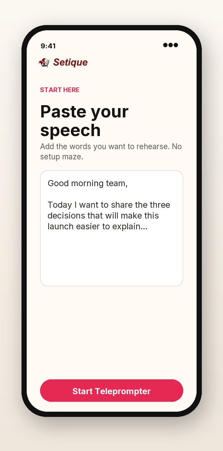 Setique screen for pasting a speech