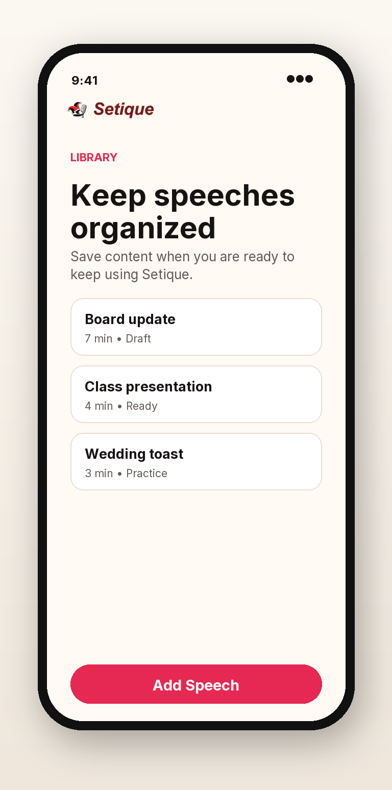 Setique library with organized speeches