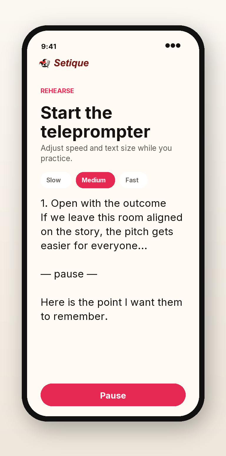 Setique teleprompter rehearsal screen